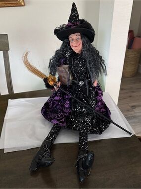 Halloween Shelf Sitter Witch Purple & Black Dress Holding Her Broom And Spell Bk